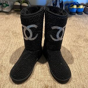 Hand-beaded black and silver fashion boots